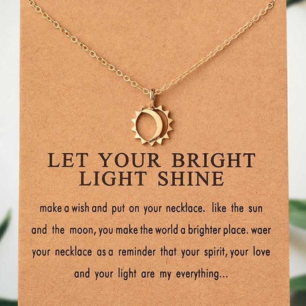GOLD PLATED SUN AND MOON UNISEX PENDANT NECKLACE WITH INSPIRATIONAL CARD